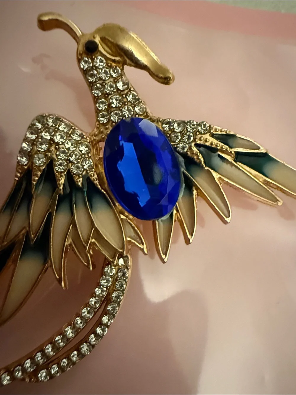 Gold-Tone Blue Crystal Bird Brooch - Rhinestone